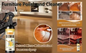 botella de cera en aerosol junto a muebles pulidos