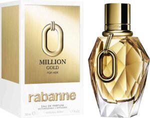 botella elegante perfume lady million en fondo dorado