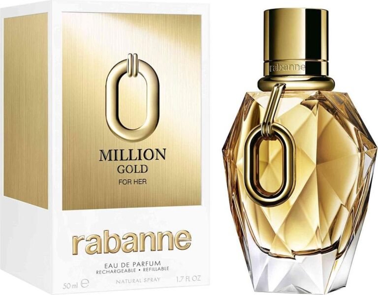 botella elegante perfume lady million en fondo dorado