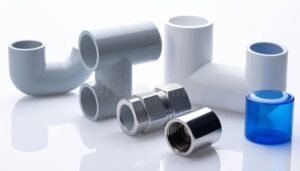 conectores de tubos pvc organizados sobre fondo blanco