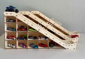estante de juguetes con garaje hot wheels
