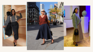 mujer con falda midi y look casual chic