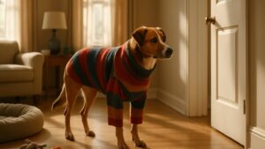 Dónde Comprar Ropa Para Perros Grandes Que Les Quede Bien 1 perro grande con ropa ajustada y feliz