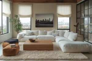 sofa cama blanco moderno en sala acogedora