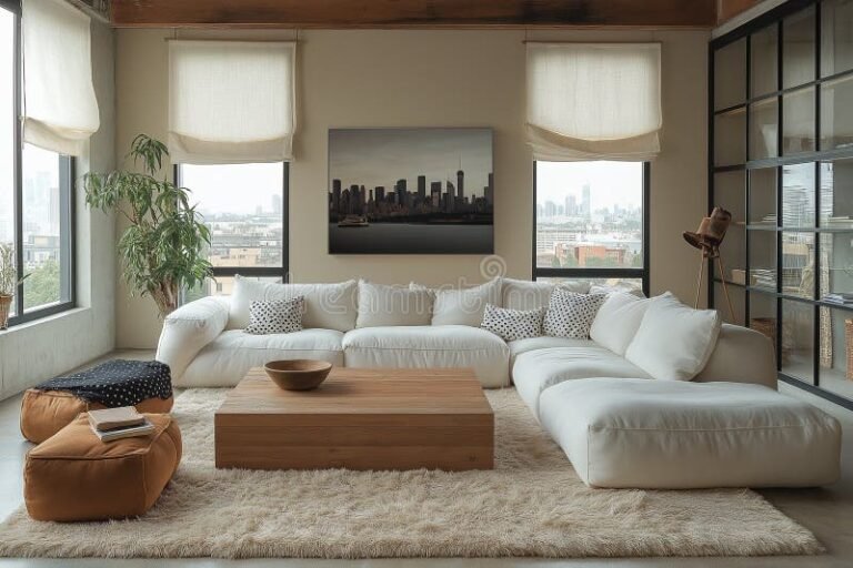 sofa cama blanco moderno en sala acogedora